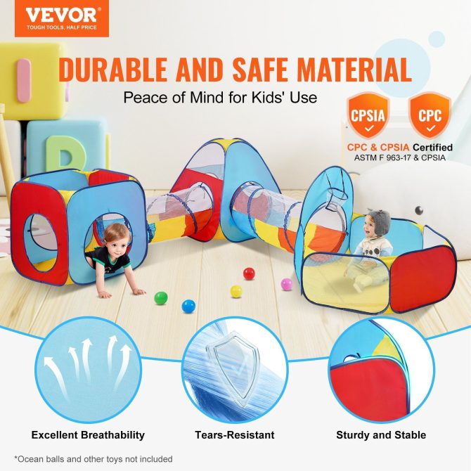 VEVOR 5 in 1 Kids Play Tent with Tunnel, Basketball Hoop for Boys, Girls, Babies and Toddlers, Indoor/Outdoor Pop Up Playhouse with Carrying Bag & Banding Straps Birthday Gifts, Red/Yellow/Blue - Image 2