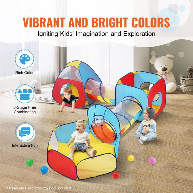 VEVOR 5 in 1 Kids Play Tent with Tunnel, Basketball Hoop for Boys, Girls, Babies and Toddlers, Indoor/Outdoor Pop Up Playhouse with Carrying Bag & Banding Straps Birthday Gifts, Red/Yellow/Blue - Image 4