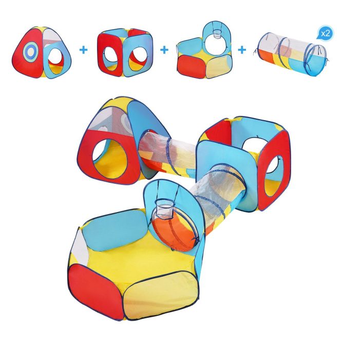 VEVOR 5 in 1 Kids Play Tent with Tunnel, Basketball Hoop for Boys, Girls, Babies and Toddlers, Indoor/Outdoor Pop Up Playhouse with Carrying Bag & Banding Straps Birthday Gifts, Red/Yellow/Blue - Image 9