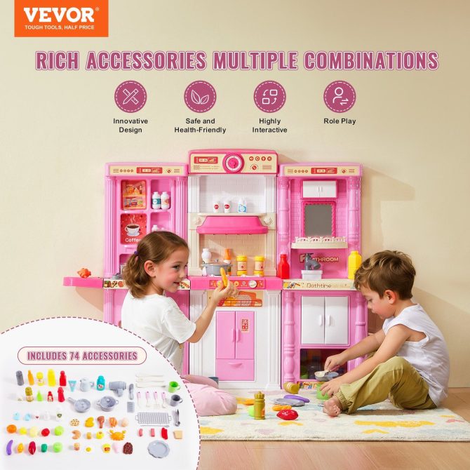 VEVOR Kitchen Playset Kids Pretend Cooking Play Toy 74 Piece Accessories Pink - Image 2