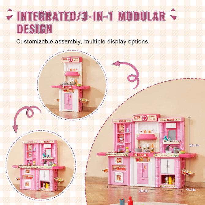 VEVOR Kitchen Playset Kids Pretend Cooking Play Toy 74 Piece Accessories Pink - Image 3