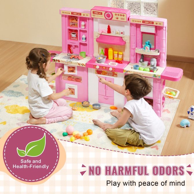 VEVOR Kitchen Playset Kids Pretend Cooking Play Toy 74 Piece Accessories Pink - Image 4
