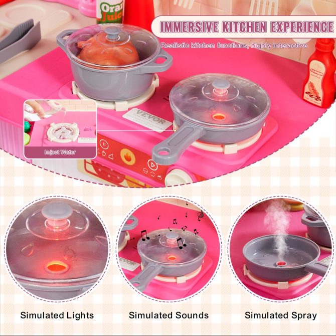 VEVOR Kitchen Playset Kids Pretend Cooking Play Toy 74 Piece Accessories Pink - Image 5