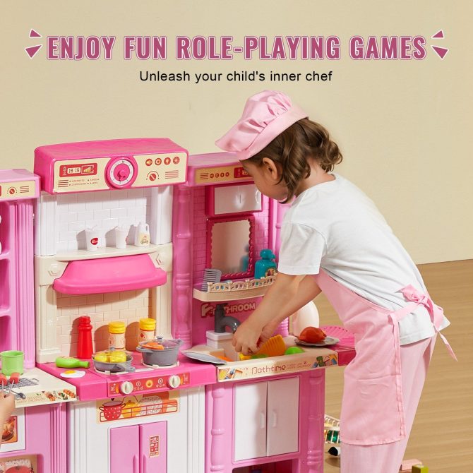 VEVOR Kitchen Playset Kids Pretend Cooking Play Toy 74 Piece Accessories Pink - Image 6