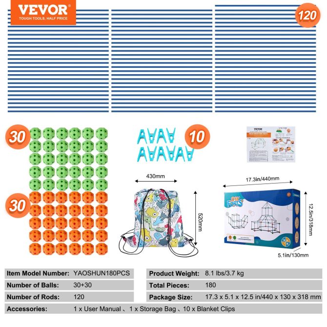 VEVOR Tent Fort Building Kit for Kids STEM Construction Toy Set Castle 180PCS - Image 7