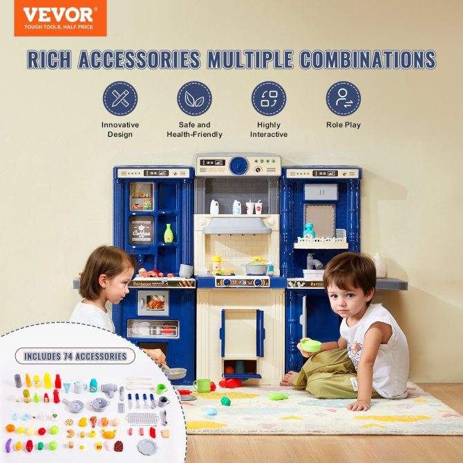 VEVOR Kitchen Playset Kids Pretend Cooking Play Toy 74 Piece Accessories Blue - Image 2