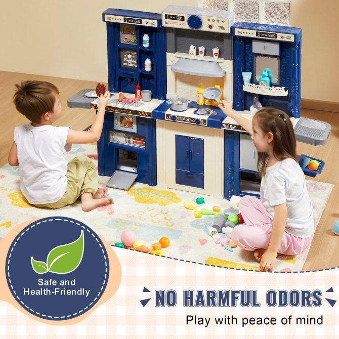 VEVOR Kitchen Playset Kids Pretend Cooking Play Toy 74 Piece Accessories Blue - Image 4