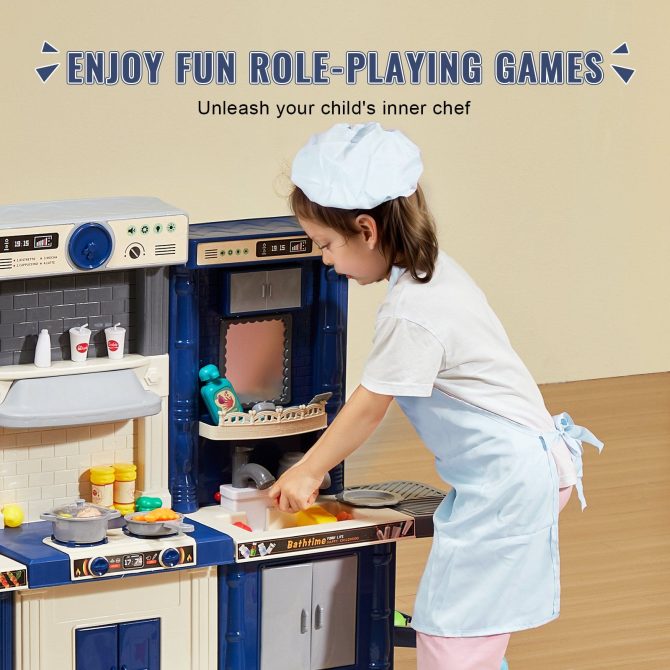 VEVOR Kitchen Playset Kids Pretend Cooking Play Toy 74 Piece Accessories Blue - Image 6