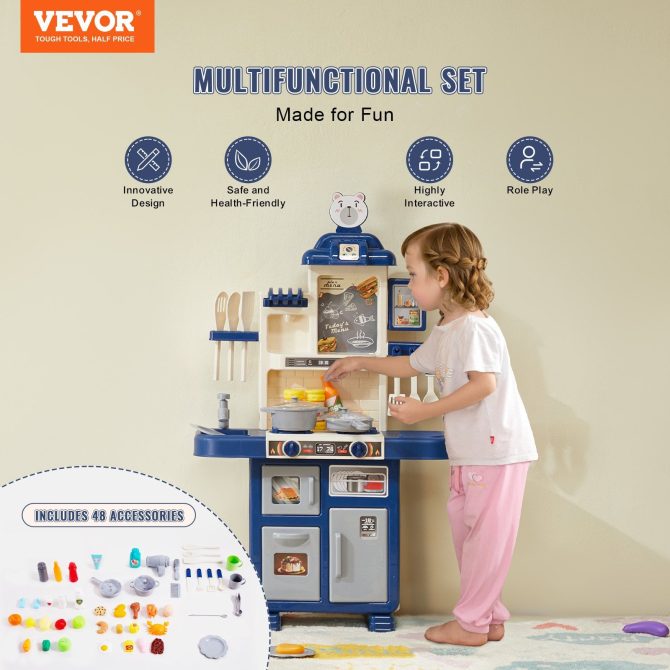 VEVOR Kitchen Playset Kids Pretend Cooking Play Toy 48 Piece Accessories Blue - Image 2