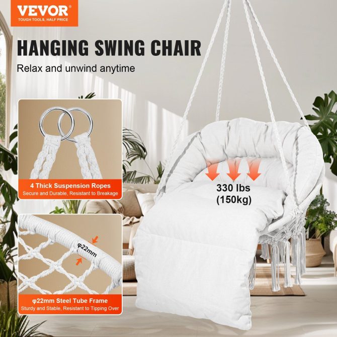 VEVOR Hammock Swinging Chair Macramé Hanging Chair with Cushion Indoor & Outdoor - Image 2
