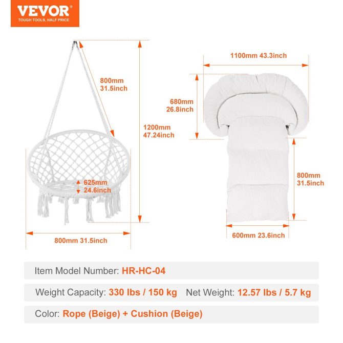 VEVOR Hammock Swinging Chair Macramé Hanging Chair with Cushion Indoor & Outdoor - Image 7