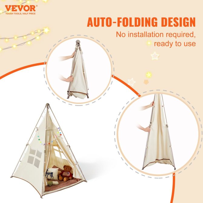 VEVOR Kids Play Tent, Teepee Tent for Kids 1-5 Years Old, Tent for Kids with Windows for Indoor and Outdoor, Foldable Toddler Tent with Mat and Carrying Bag, Kids Tent for Boys and Girls, Beige - Image 2