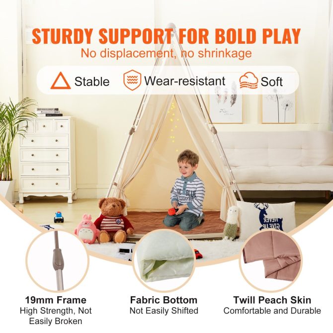 VEVOR Kids Play Tent, Teepee Tent for Kids 1-5 Years Old, Tent for Kids with Windows for Indoor and Outdoor, Foldable Toddler Tent with Mat and Carrying Bag, Kids Tent for Boys and Girls, Beige - Image 3