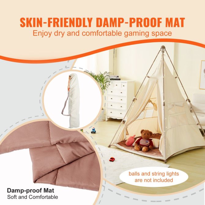 VEVOR Kids Play Tent, Teepee Tent for Kids 1-5 Years Old, Tent for Kids with Windows for Indoor and Outdoor, Foldable Toddler Tent with Mat and Carrying Bag, Kids Tent for Boys and Girls, Beige - Image 4
