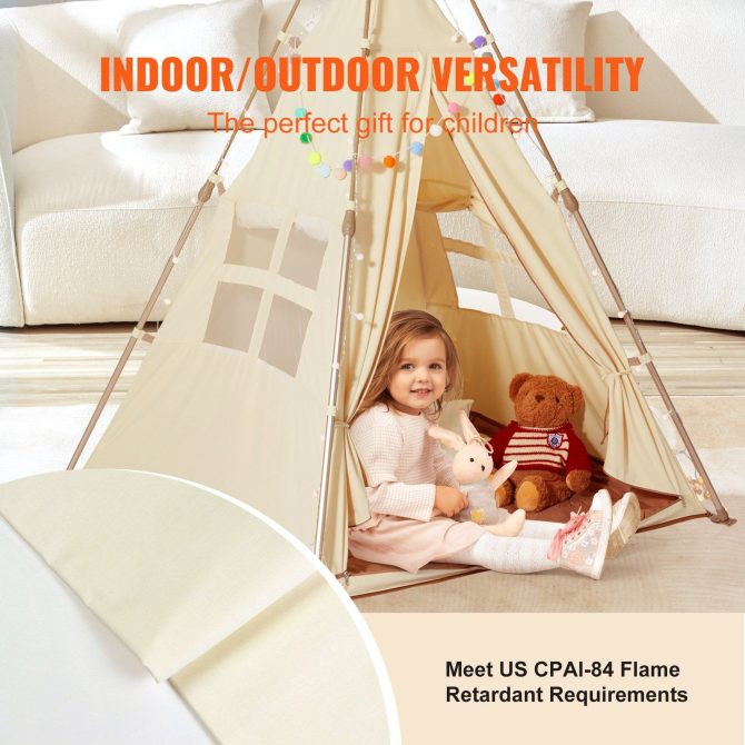 VEVOR Kids Play Tent, Teepee Tent for Kids 1-5 Years Old, Tent for Kids with Windows for Indoor and Outdoor, Foldable Toddler Tent with Mat and Carrying Bag, Kids Tent for Boys and Girls, Beige - Image 5