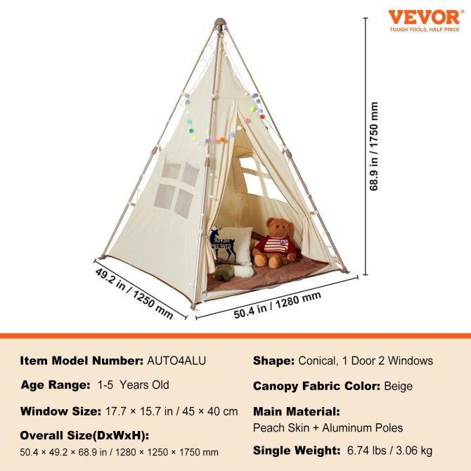 VEVOR Kids Play Tent, Teepee Tent for Kids 1-5 Years Old, Tent for Kids with Windows for Indoor and Outdoor, Foldable Toddler Tent with Mat and Carrying Bag, Kids Tent for Boys and Girls, Beige - Image 7