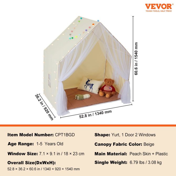 VEVOR Kids Play Tent, Kids Tent for Kids 1-5 Years Old, Toddler Tent with Mat and Tent Lamp, Tent for Kids with Windows for Indoor and Outdoor, Yurt Tent for Boys and Girls, Beige - Image 7