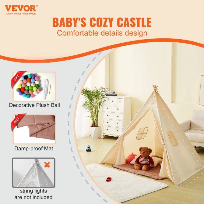 VEVOR Kids Play Tent, Teepee Tent for Kids 1-5 Years Old, Tent for Kids with Windows for Indoor and Outdoor, Toddler Tent with Mat and Plush Decorative Balls, for Boys and Girls, Beige - Image 2
