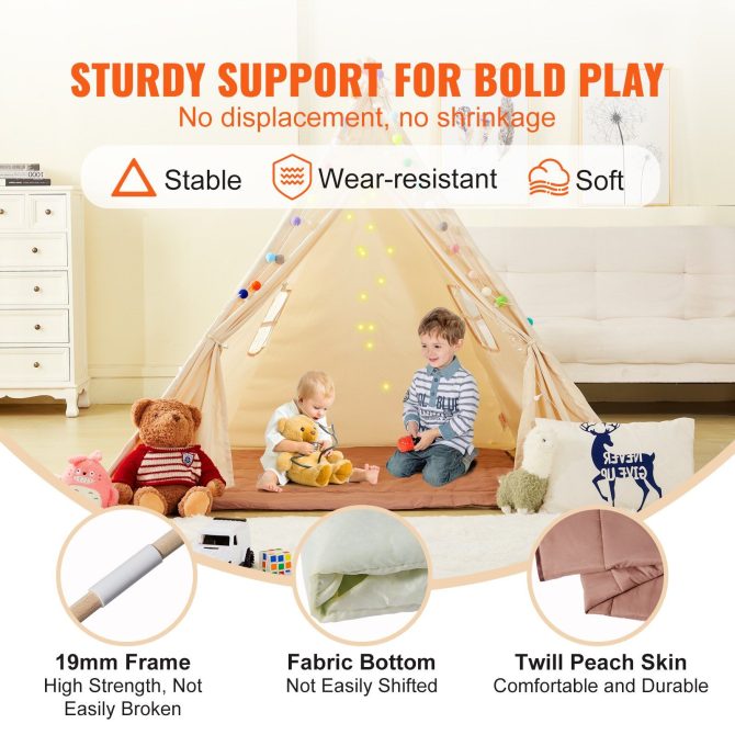 VEVOR Kids Play Tent, Teepee Tent for Kids 1-5 Years Old, Tent for Kids with Windows for Indoor and Outdoor, Toddler Tent with Mat and Plush Decorative Balls, for Boys and Girls, Beige - Image 3