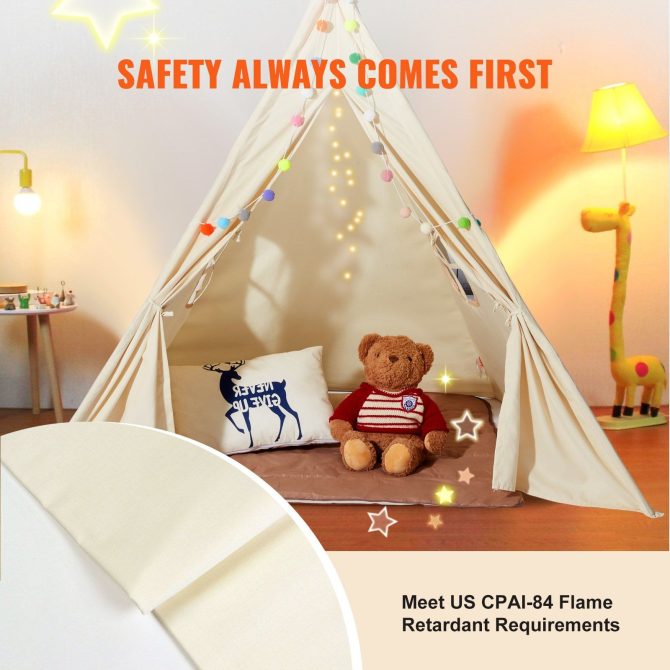 VEVOR Kids Play Tent, Teepee Tent for Kids 1-5 Years Old, Tent for Kids with Windows for Indoor and Outdoor, Toddler Tent with Mat and Plush Decorative Balls, for Boys and Girls, Beige - Image 4