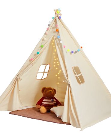 VEVOR Kids Play Tent, Teepee Tent for Kids 1-5 Years Old, Tent for Kids with Windows for Indoor and Outdoor, Toddler Tent with Mat and Plush Decorative Balls, for Boys and Girls, Beige