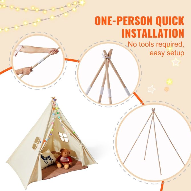 VEVOR Kids Play Tent, Teepee Tent for Kids 1-5 Years Old, Tent for Kids with Windows for Indoor and Outdoor, Toddler Tent with Mat and Plush Decorative Balls, for Boys and Girls, Beige - Image 5