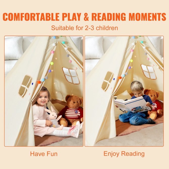 VEVOR Kids Play Tent, Teepee Tent for Kids 1-5 Years Old, Tent for Kids with Windows for Indoor and Outdoor, Toddler Tent with Mat and Plush Decorative Balls, for Boys and Girls, Beige - Image 6