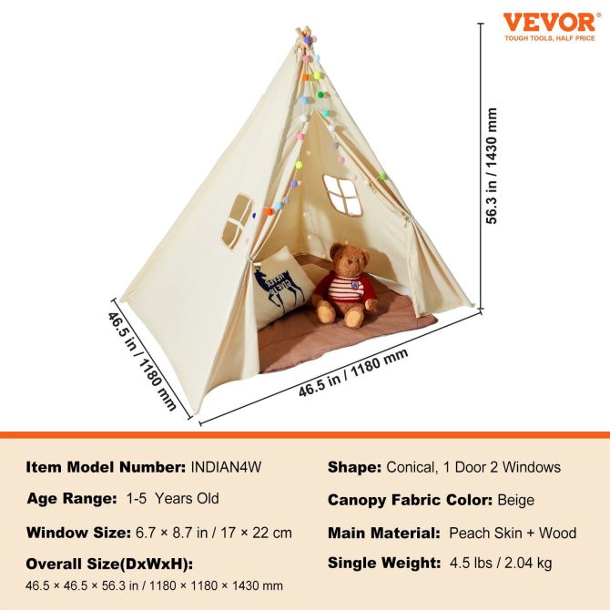 VEVOR Kids Play Tent, Teepee Tent for Kids 1-5 Years Old, Tent for Kids with Windows for Indoor and Outdoor, Toddler Tent with Mat and Plush Decorative Balls, for Boys and Girls, Beige - Image 7