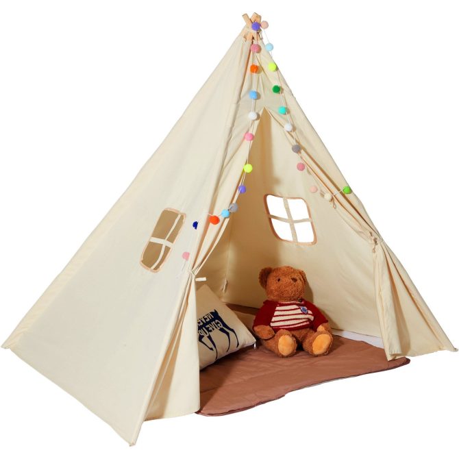 VEVOR Kids Play Tent, Teepee Tent for Kids 1-5 Years Old, Tent for Kids with Windows for Indoor and Outdoor, Toddler Tent with Mat and Plush Decorative Balls, for Boys and Girls, Beige - Image 10