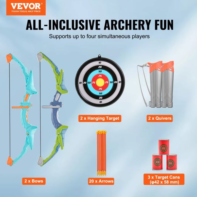 VEVOR Bow and Arrow Set for Kids, 2 Pack LED Light Up Archery Set with 20 Suction Cup Arrows, 2 Hanging Targets, 2 Quivers, 3 Target Cans, Outdoor Toy Birthday Gift for Boy & Girl 6 7 8 9 10+ Year Old - Image 2