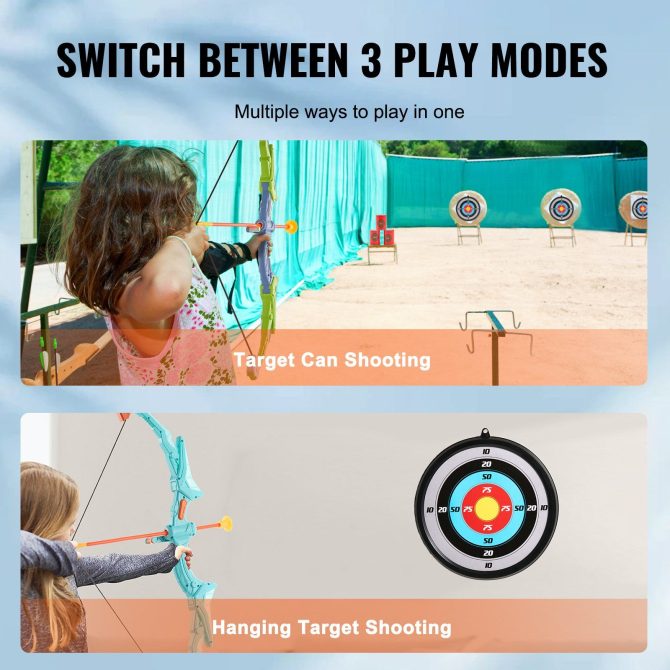 VEVOR Bow and Arrow Set for Kids, 2 Pack LED Light Up Archery Set with 20 Suction Cup Arrows, 2 Hanging Targets, 2 Quivers, 3 Target Cans, Outdoor Toy Birthday Gift for Boy & Girl 6 7 8 9 10+ Year Old - Image 4