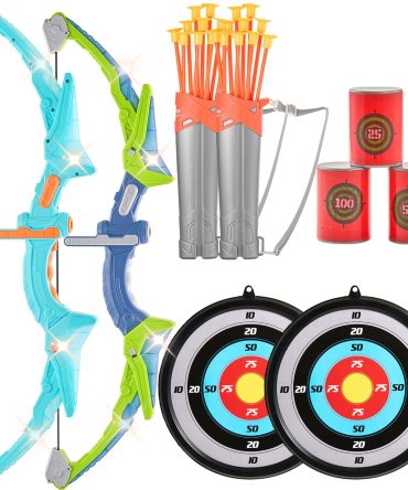 VEVOR Bow and Arrow Set for Kids, 2 Pack LED Light Up Archery Set with 20 Suction Cup Arrows, 2 Hanging Targets, 2 Quivers, 3 Target Cans, Outdoor Toy Birthday Gift for Boy & Girl 6 7 8 9 10+ Year Old