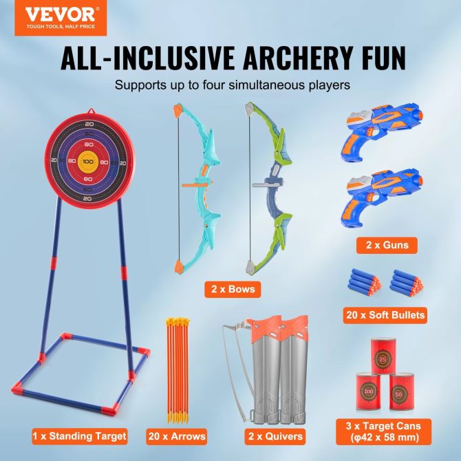 VEVOR Bow and Arrow Set for Kids, 2 Pack LED Light Up Archery Set with 20 Suction Cup Arrows, Standing Target, 2 Quivers, 2 Guns, 20 Soft Bullets, 3 Target Cans, Outdoor Toy for Boy & Girl 6+ Year Old - Image 2