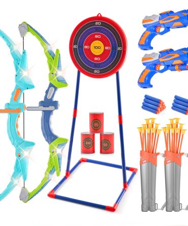 VEVOR Bow and Arrow Set for Kids, 2 Pack LED Light Up Archery Set with 20 Suction Cup Arrows, Standing Target, 2 Quivers, 2 Guns, 20 Soft Bullets, 3 Target Cans, Outdoor Toy for Boy & Girl 6+ Year Old