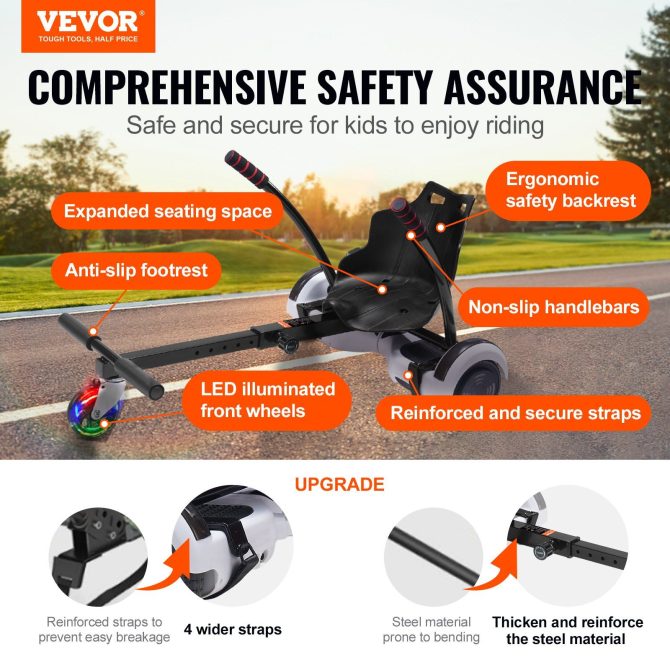 VEVOR Hoverboard Seat Attachment, for 6.5" 8" 8.5" 10" Hoverboards, with LED Lights, Grips Control, Adjustable Frame Length and 220 LBS Load Capacity, Hover Board Go Karts Accessory, for Kids Adults - Image 2