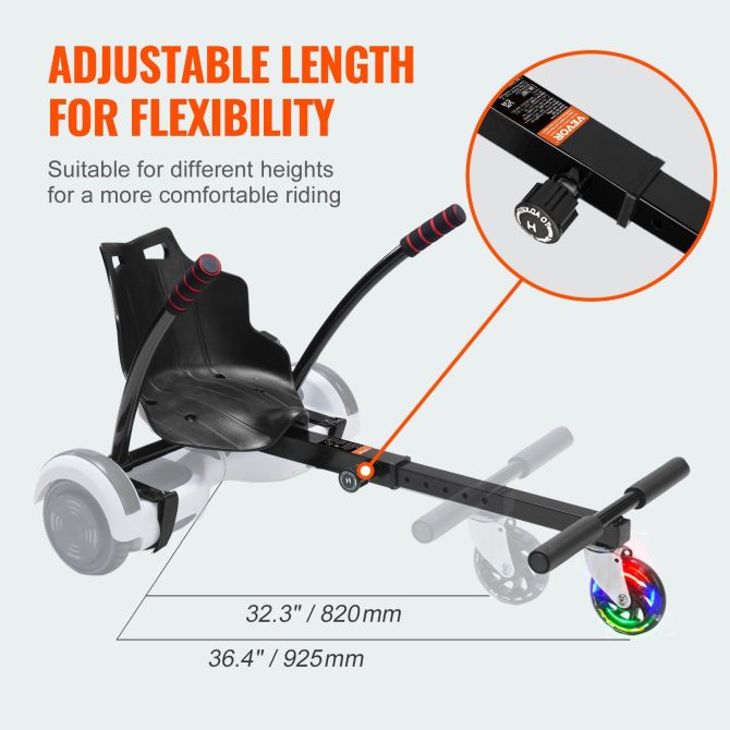 VEVOR Hoverboard Seat Attachment, for 6.5" 8" 8.5" 10" Hoverboards, with LED Lights, Grips Control, Adjustable Frame Length and 220 LBS Load Capacity, Hover Board Go Karts Accessory, for Kids Adults - Image 3