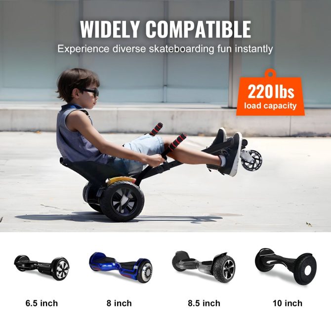 VEVOR Hoverboard Seat Attachment, for 6.5" 8" 8.5" 10" Hoverboards, with LED Lights, Grips Control, Adjustable Frame Length and 220 LBS Load Capacity, Hover Board Go Karts Accessory, for Kids Adults - Image 5