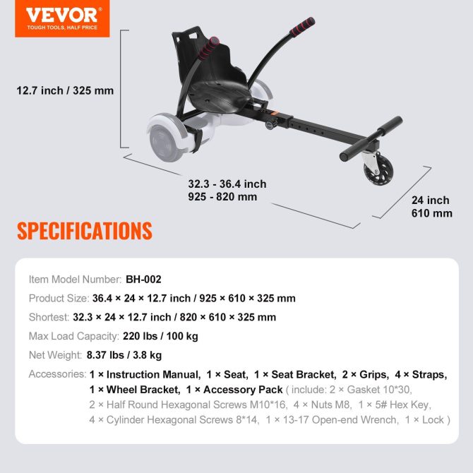 VEVOR Hoverboard Seat Attachment, for 6.5" 8" 8.5" 10" Hoverboards, with LED Lights, Grips Control, Adjustable Frame Length and 220 LBS Load Capacity, Hover Board Go Karts Accessory, for Kids Adults - Image 7