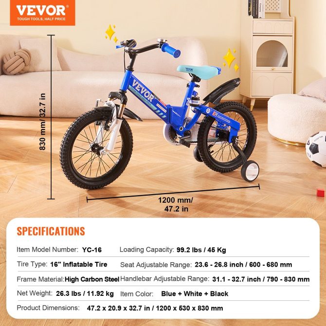 VEVOR Folding Toddler Balance Bike, 16" High-Carbon Steel Kids Bike with Adjustable Seat & Handlebar, Inflatable Tires, Portable Kids Balance Bicycle Gift for 5-8 Years Boys Girls, 99LBS Support - Image 7
