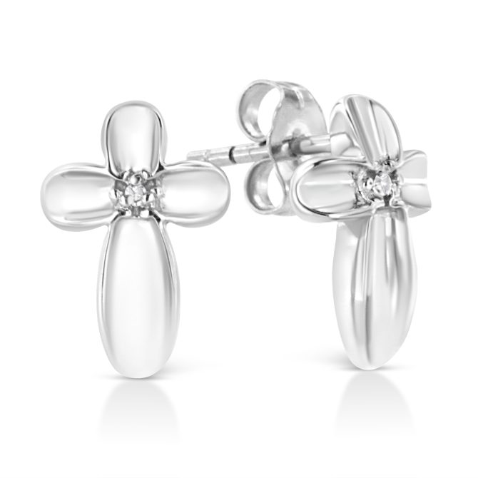 .925 Sterling Silver Prong Set Diamond Accent Floral Cross Stud Earring (I-J Color, I1-I2 Clarity) - Image 3