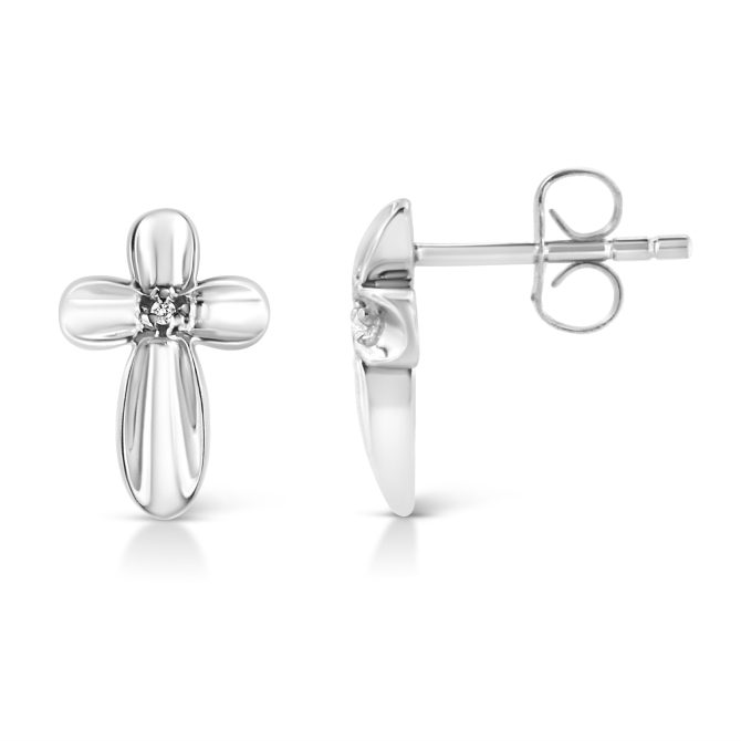 .925 Sterling Silver Prong Set Diamond Accent Floral Cross Stud Earring (I-J Color, I1-I2 Clarity) - Image 4