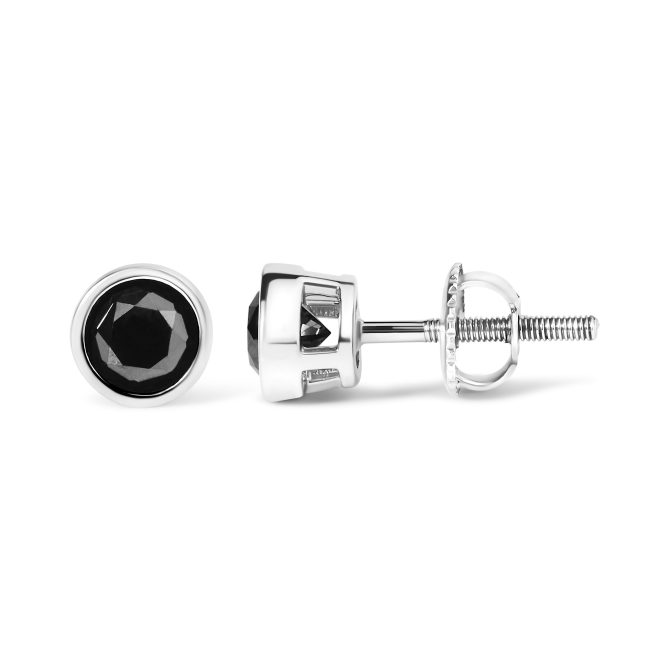 .925 Sterling Silver Round Brilliant-Cut Black Diamond Bezel-Set Stud Earrings with Screw Backs (Fancy Color-Enhanced, I2-I3 Clarity) - Image 27