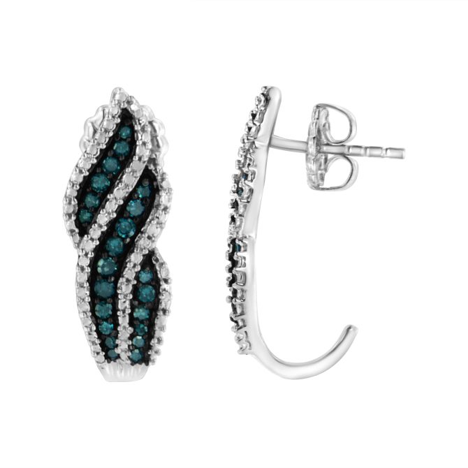 Sterling Silver .5 ct. TDW Treated Blue Diamond Dangling Stud Earrings (Blue, I1-I2) - Image 2
