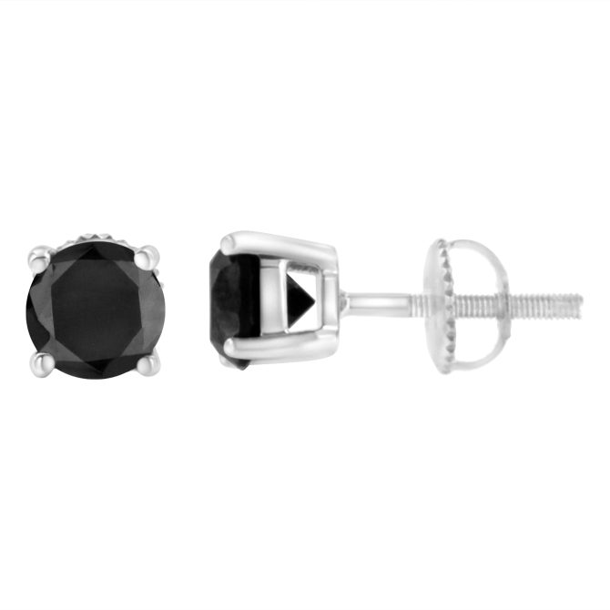 .925 Sterling Silver Round Brilliant-Cut Black Diamond Classic 4-Prong Stud Earrings with Screw Backs (Fancy Color-Enhanced, I2-I3 Clarity) - Image 8