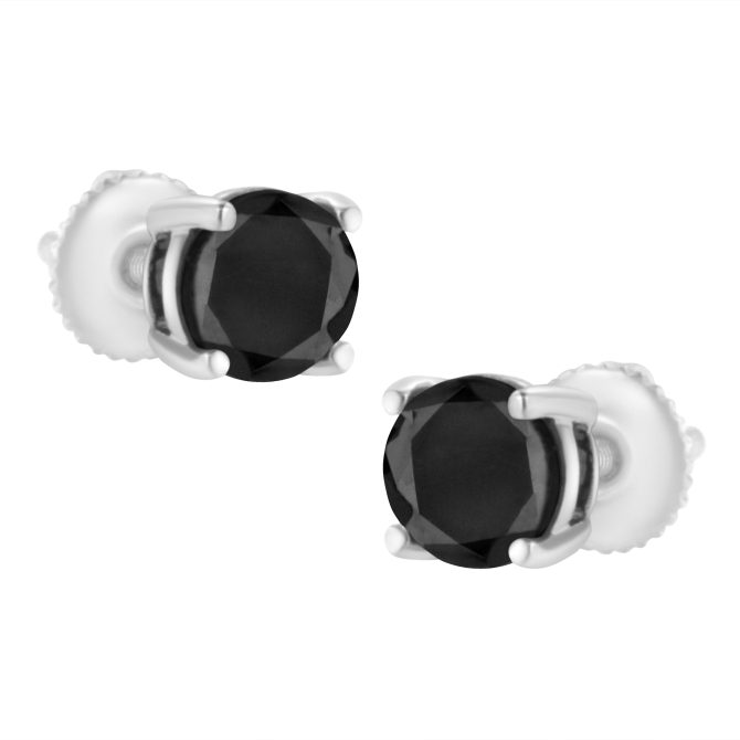.925 Sterling Silver Round Brilliant-Cut Black Diamond Classic 4-Prong Stud Earrings with Screw Backs (Fancy Color-Enhanced, I2-I3 Clarity) - Image 9
