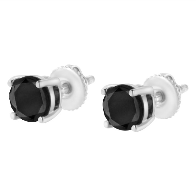 .925 Sterling Silver Round Brilliant-Cut Black Diamond Classic 4-Prong Stud Earrings with Screw Backs (Fancy Color-Enhanced, I2-I3 Clarity) - Image 10
