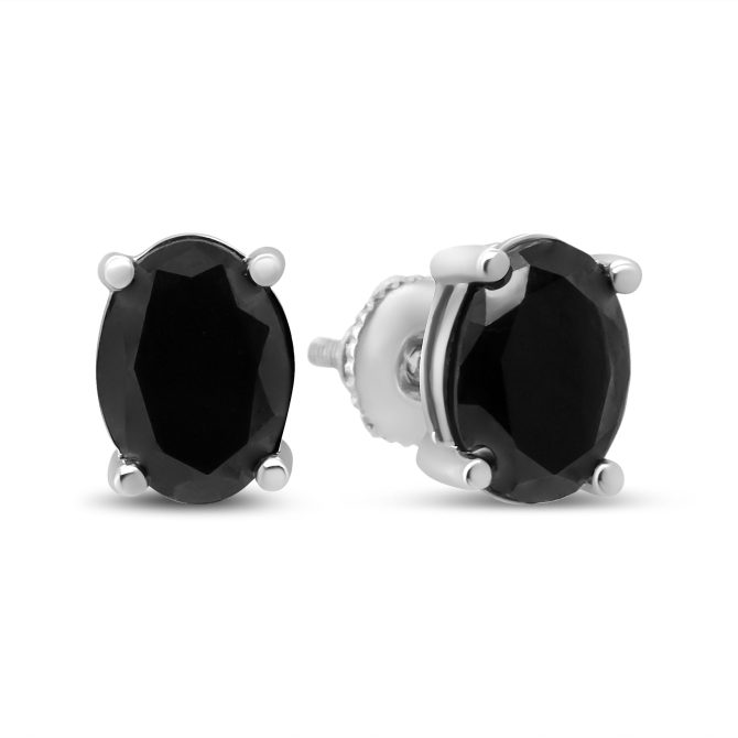 .925 Sterling Silver Prong Set Treated Black Oval Diamond Stud Earring (Black Color, I2-I3 Clarity) - Image 7