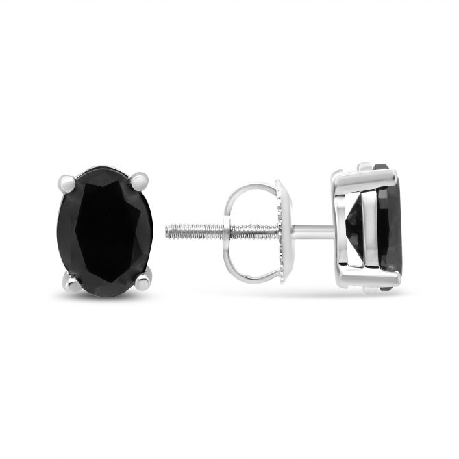 .925 Sterling Silver Prong Set Treated Black Oval Diamond Stud Earring (Black Color, I2-I3 Clarity) - Image 8