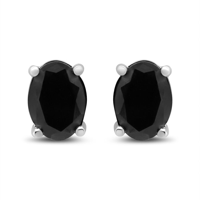 .925 Sterling Silver Prong Set Treated Black Oval Diamond Stud Earring (Black Color, I2-I3 Clarity) - Image 6