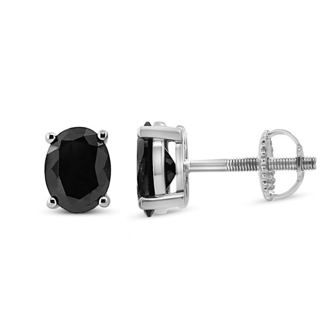 .925 Sterling Silver Prong Set Treated Black Oval Diamond Stud Earring (Black Color, I2-I3 Clarity) - Image 18